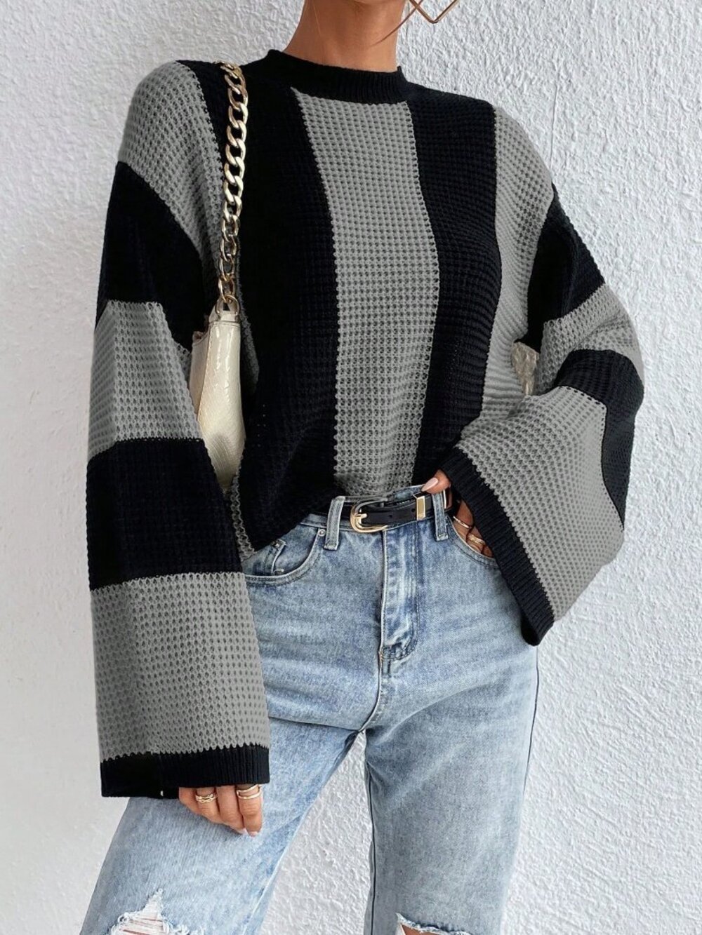 Grey Colorblock Casual Women's Round Neck Regular Fit Long Sleeve Flare Pullover